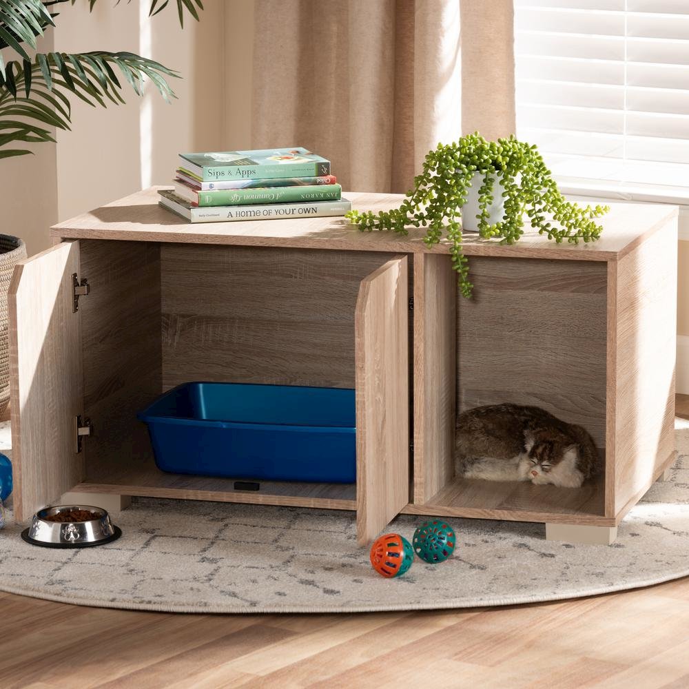 Oak Finished 2-Door Wood Cat Litter Box Cover House