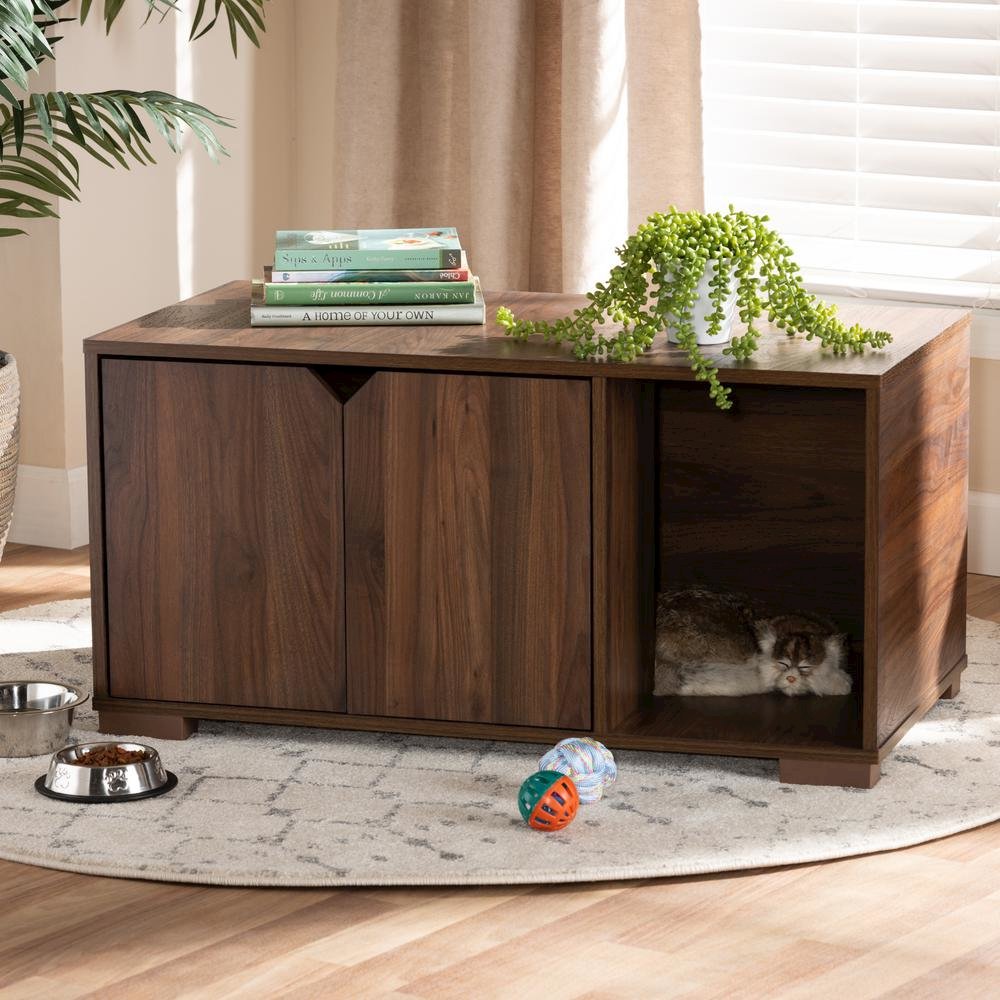 Walnut Brown Finished 2-Door Wood Cat Litter Box Cover House