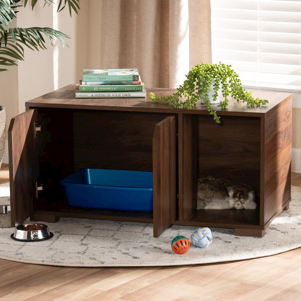 Walnut Brown Finished 2-Door Wood Cat Litter Box Cover House