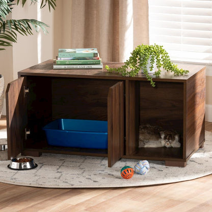 Walnut Brown Finished 2-Door Wood Cat Litter Box Cover House