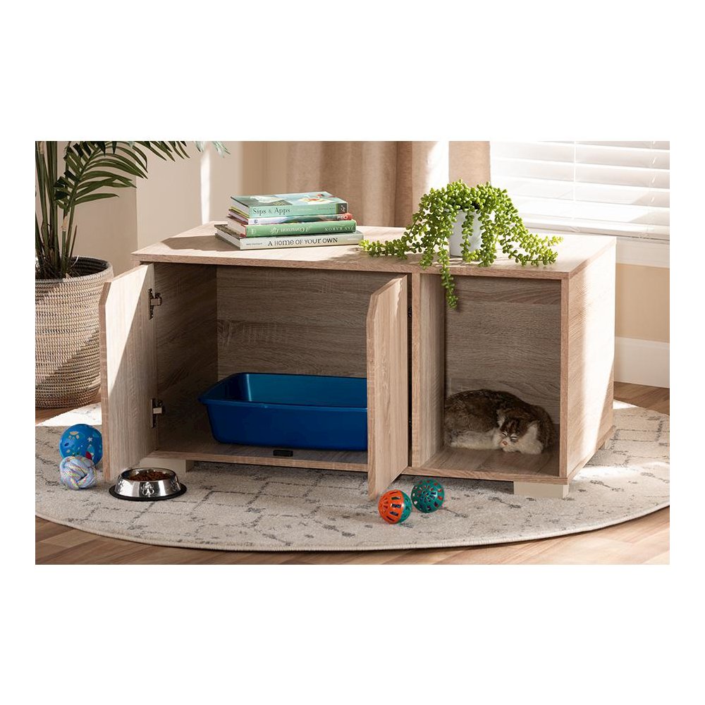 Oak Finished 2-Door Wood Cat Litter Box Cover House