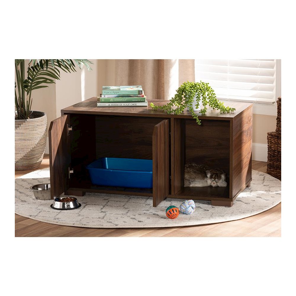 Walnut Brown Finished 2-Door Wood Cat Litter Box Cover House