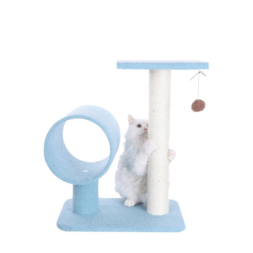 Sky Blue 25" Real Wood Cat Tree With Scratcher And Tunnel For Privacy And Hiding