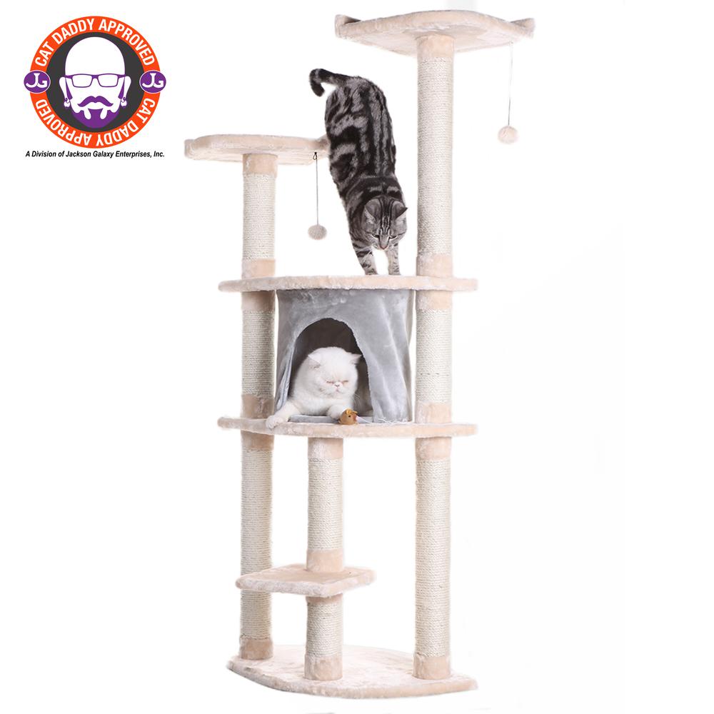 64" Real Wood Cat Tree With Sractch Sisal Post, Soft-Side Playhouse, Almond
