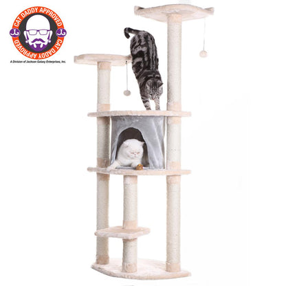 64" Real Wood Cat Tree With Sractch Sisal Post, Soft-Side Playhouse, Almond