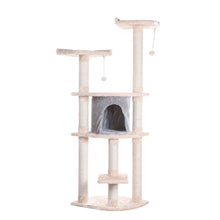 64" Real Wood Cat Tree With Sractch Sisal Post, Soft-Side Playhouse, Almond