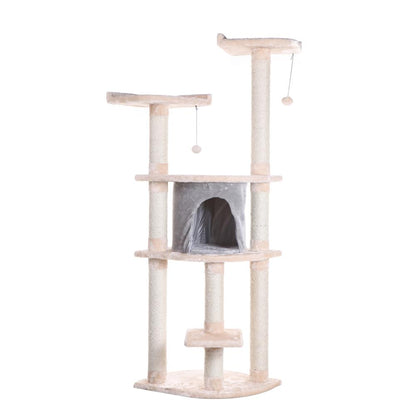 64" Real Wood Cat Tree With Sractch Sisal Post, Soft-Side Playhouse, Almond