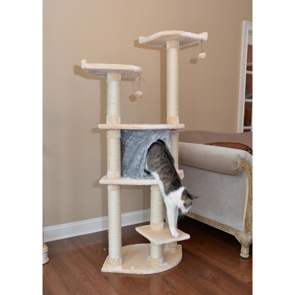 64" Real Wood Cat Tree With Sractch Sisal Post, Soft-Side Playhouse, Almond