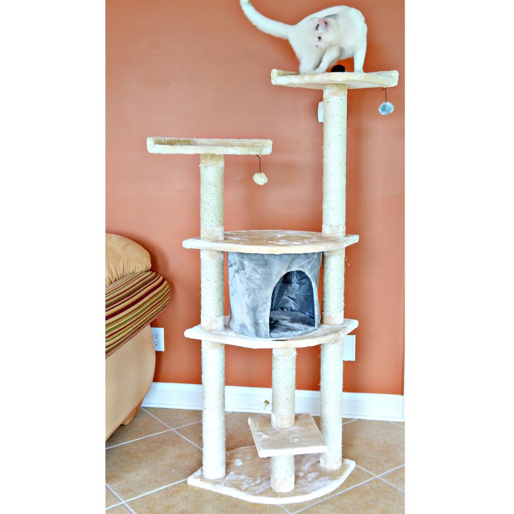 64" Real Wood Cat Tree With Sractch Sisal Post, Soft-Side Playhouse, Almond