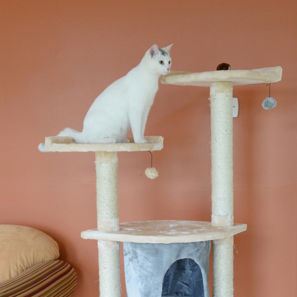 64" Real Wood Cat Tree With Sractch Sisal Post, Soft-Side Playhouse, Almond