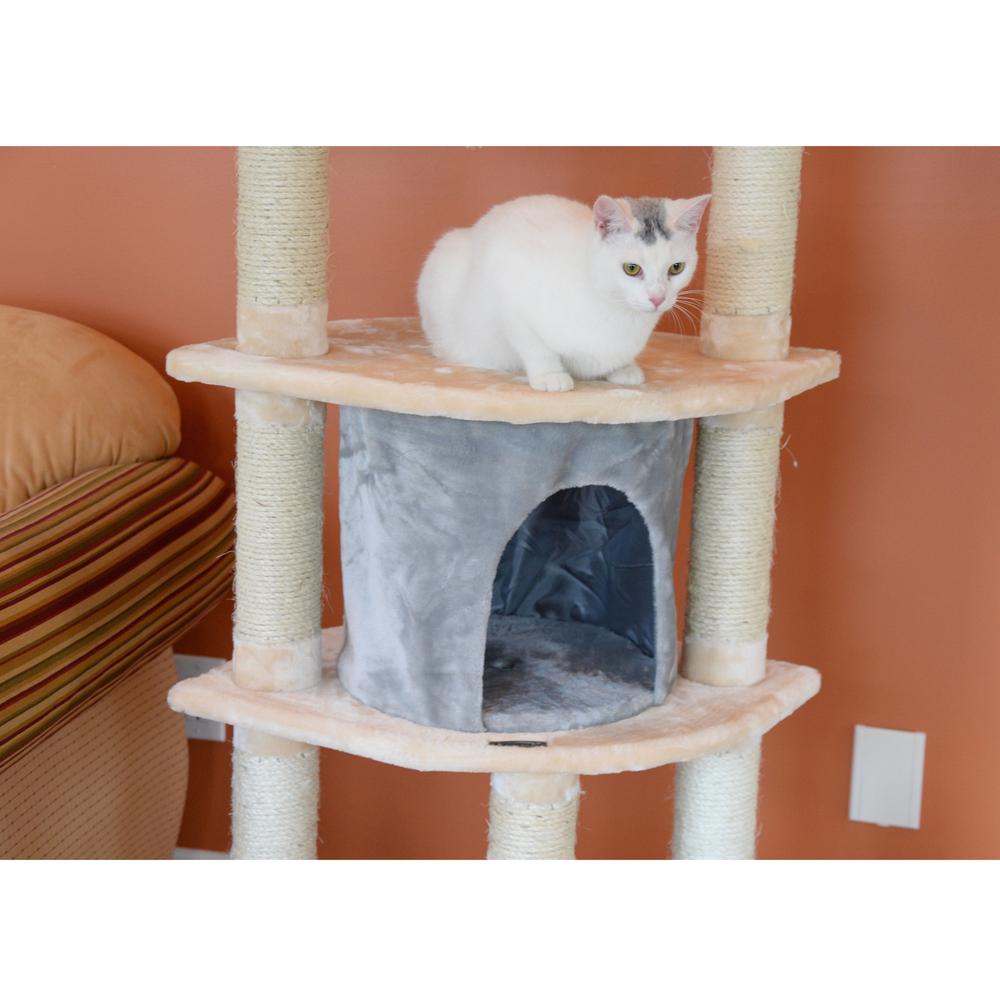 64" Real Wood Cat Tree With Sractch Sisal Post, Soft-Side Playhouse, Almond