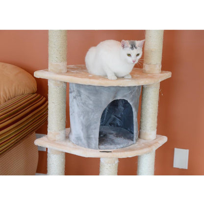 64" Real Wood Cat Tree With Sractch Sisal Post, Soft-Side Playhouse, Almond