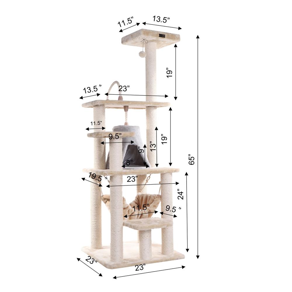 65" Real Wood Cat Tree With Sisal Rope, Hammock, Soft-Side Playhouse