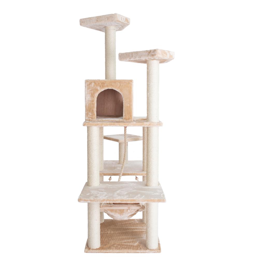 72" Beige Real Wood Cat Tree With Spacious Condo, Sratching Post