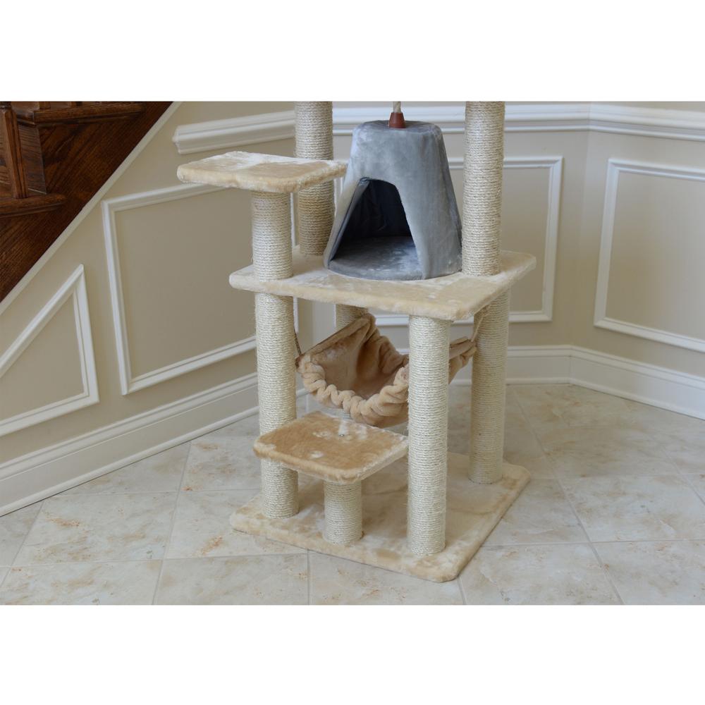 65" Real Wood Cat Tree With Sisal Rope, Hammock, Soft-Side Playhouse