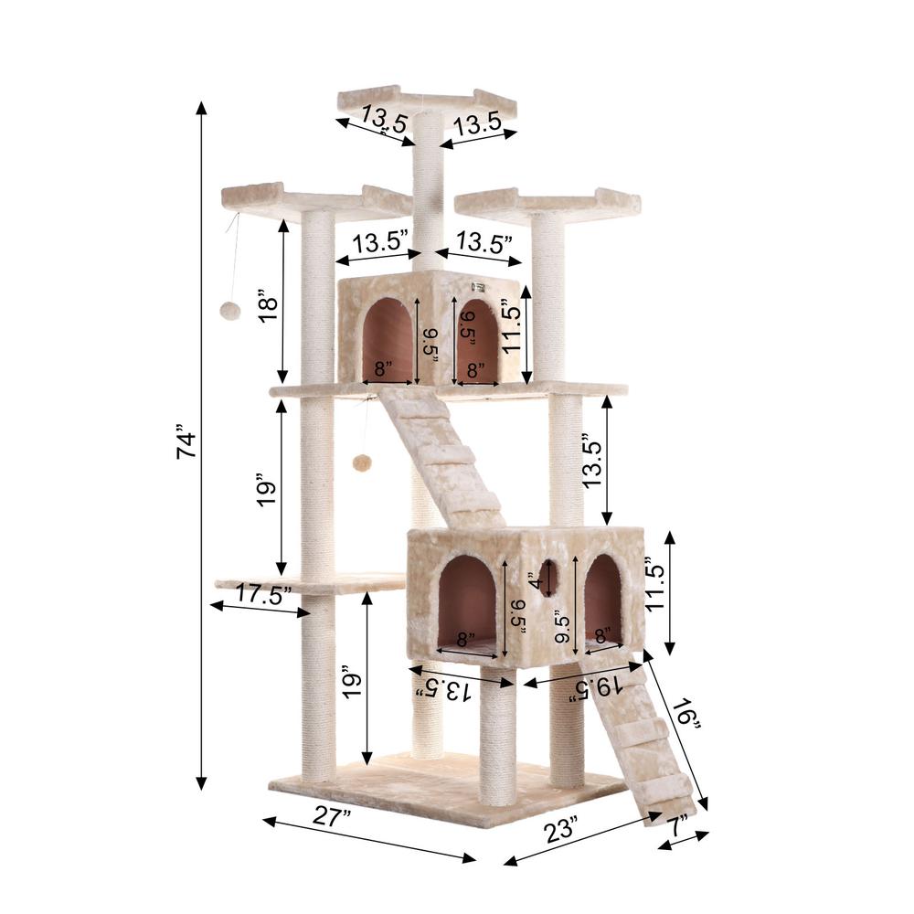 74" Multi-Level Real Wood Cat Tree Large With Sratchhing Posts, Beige