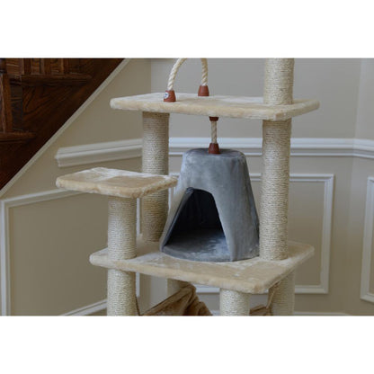 65" Real Wood Cat Tree With Sisal Rope, Hammock, Soft-Side Playhouse