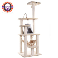 65" Real Wood Cat Tree With Sisal Rope, Hammock, Soft-Side Playhouse