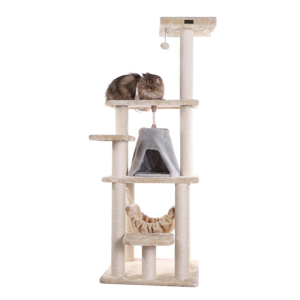 65" Real Wood Cat Tree With Sisal Rope, Hammock, Soft-Side Playhouse
