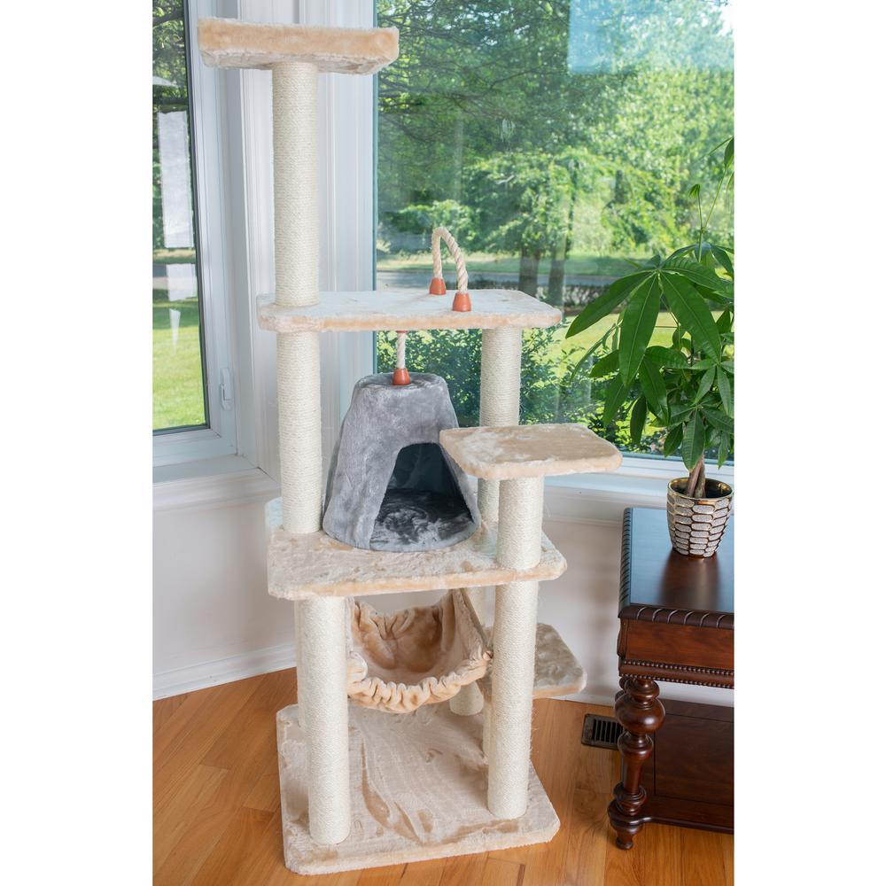65" Real Wood Cat Tree With Sisal Rope, Hammock, Soft-Side Playhouse