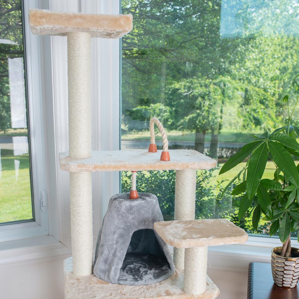 65" Real Wood Cat Tree With Sisal Rope, Hammock, Soft-Side Playhouse