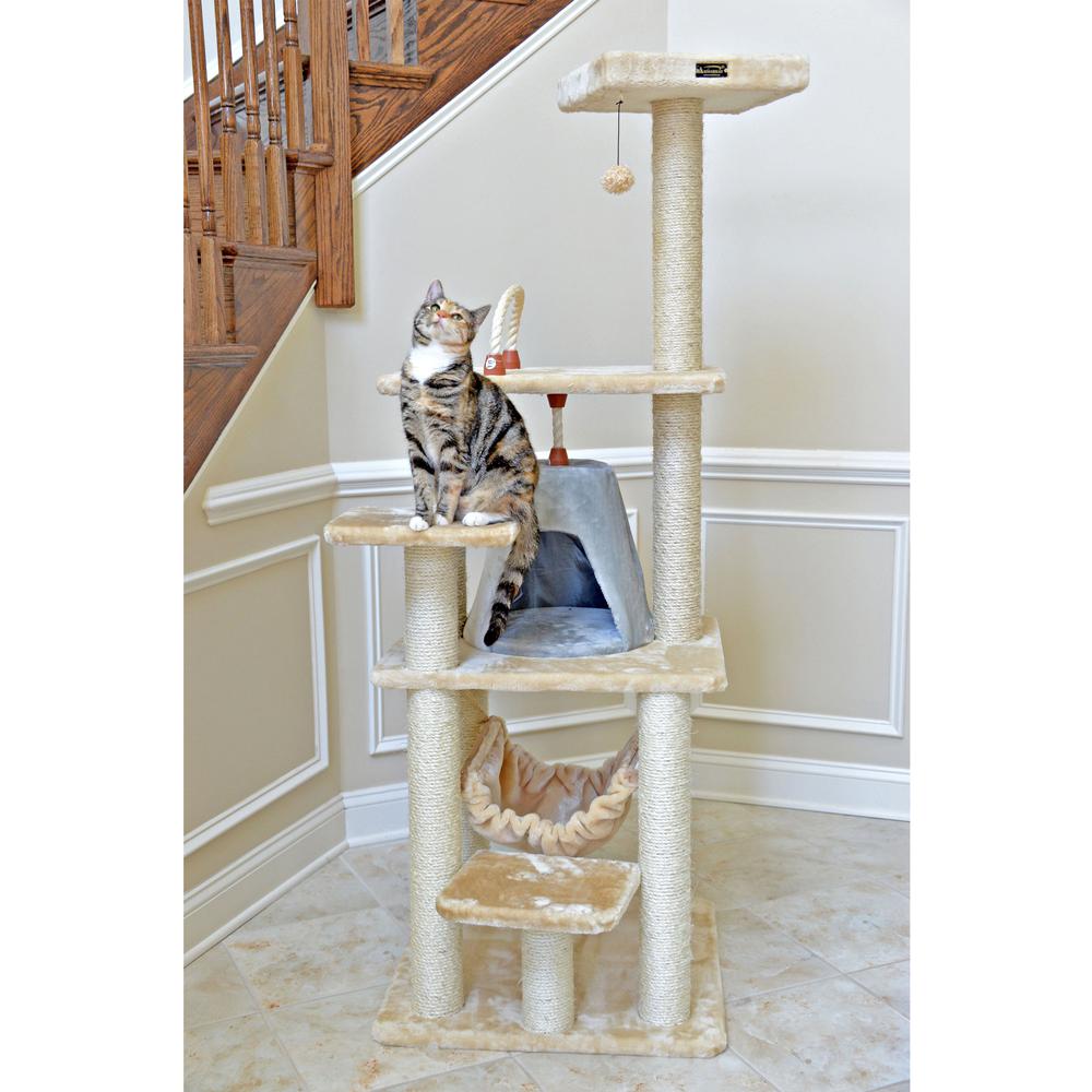 65" Real Wood Cat Tree With Sisal Rope, Hammock, Soft-Side Playhouse