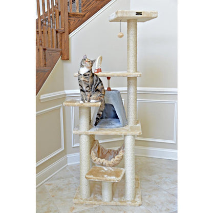 65" Real Wood Cat Tree With Sisal Rope, Hammock, Soft-Side Playhouse