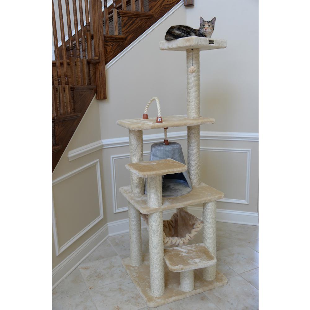 65" Real Wood Cat Tree With Sisal Rope, Hammock, Soft-Side Playhouse