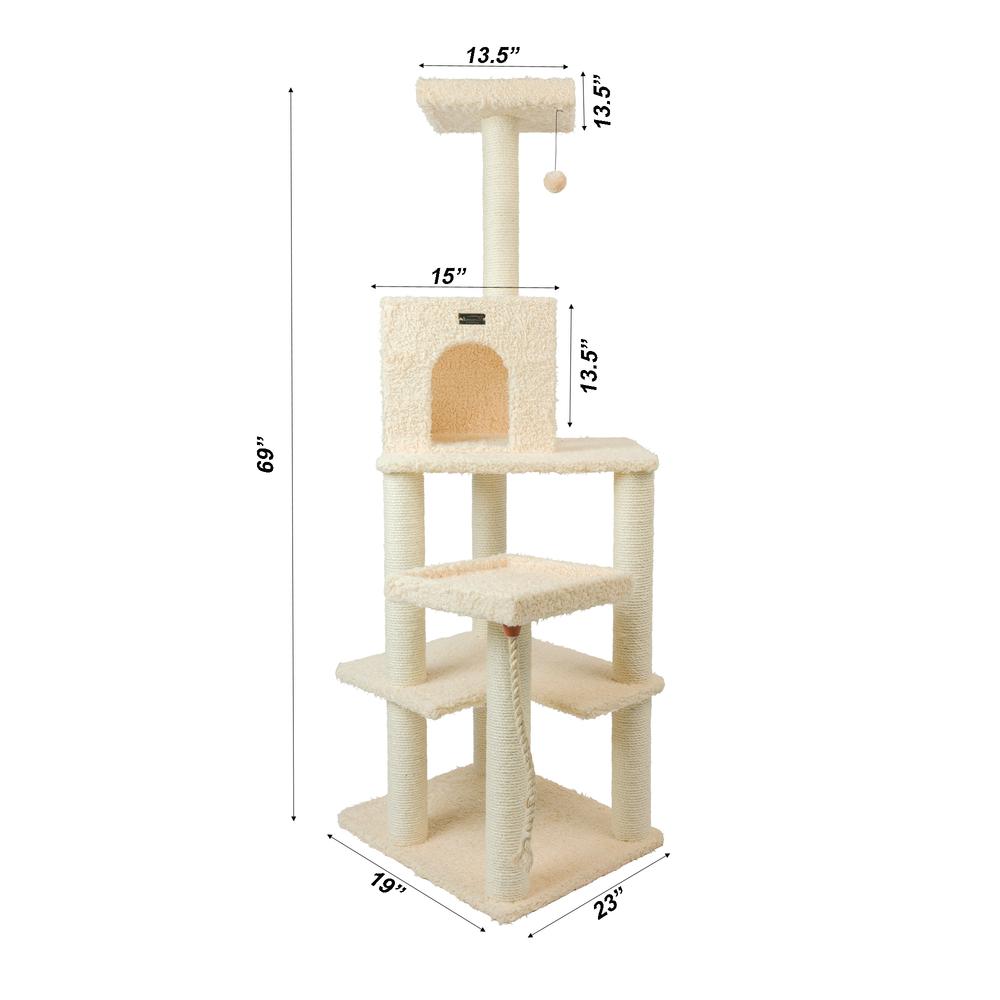 Real Wood Cat Tower, Ultra Thick Faux Fur Covered Cat Condo House, Beige