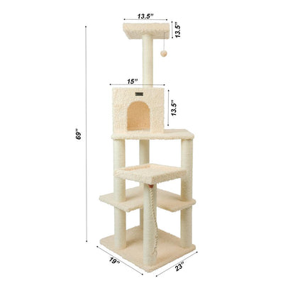 Real Wood Cat Tower, Ultra Thick Faux Fur Covered Cat Condo House, Beige