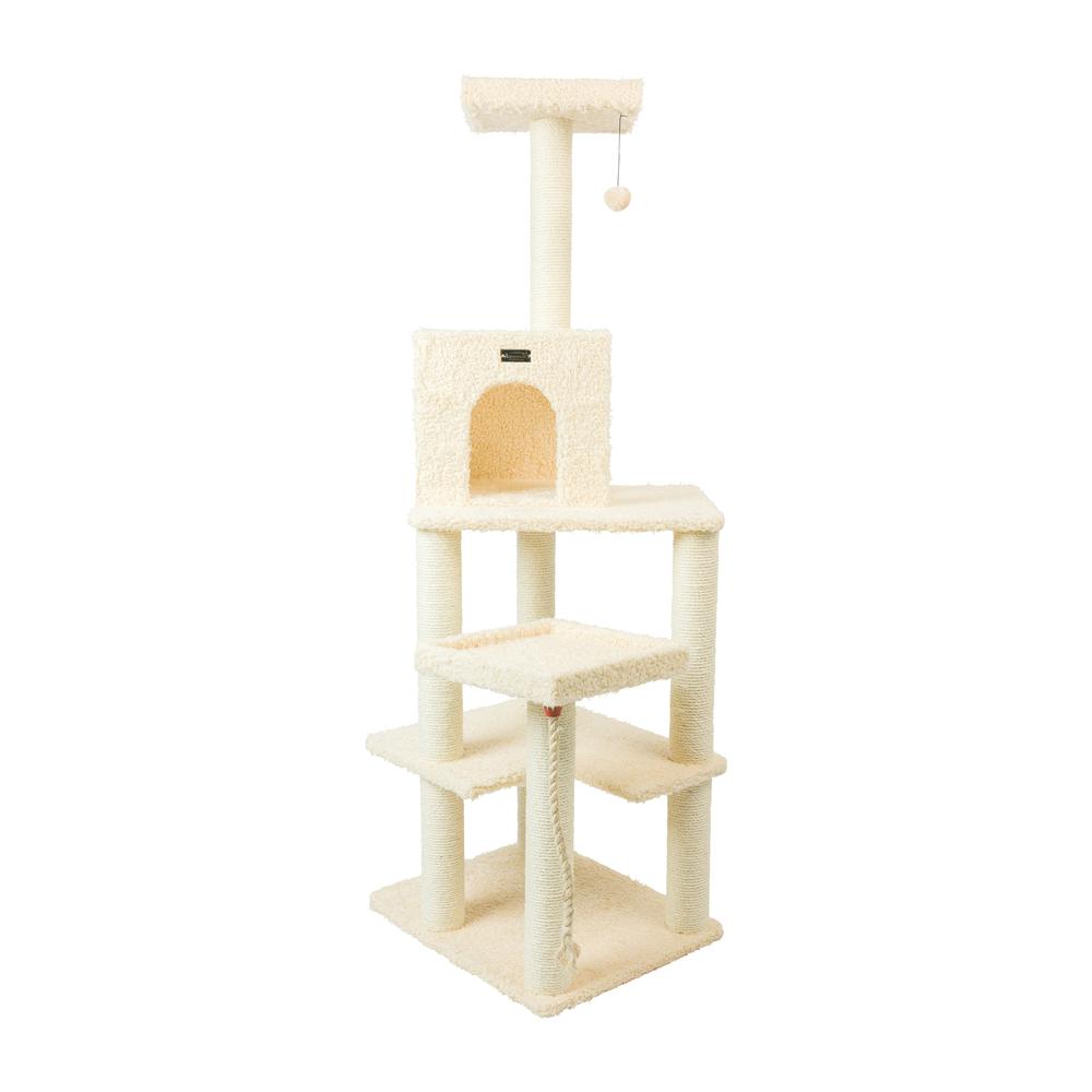 Real Wood Cat Tower, Ultra Thick Faux Fur Covered Cat Condo House, Beige