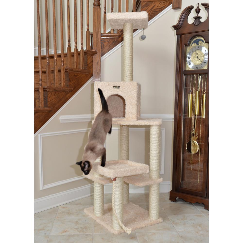 Real Wood Cat Tower, Ultra Thick Faux Fur Covered Cat Condo House, Beige