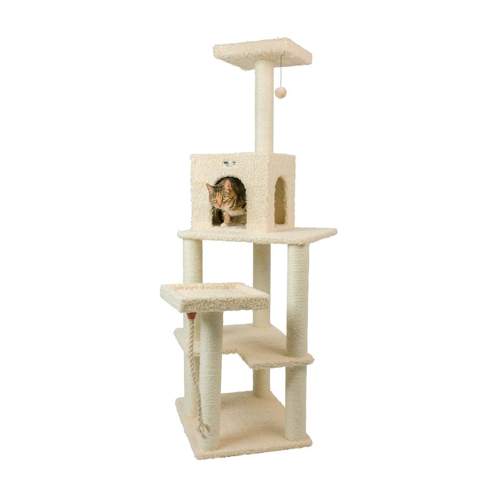Real Wood Cat Tower, Ultra Thick Faux Fur Covered Cat Condo House, Beige