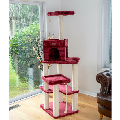 Real Wood Cat Tower, Ultra Thick Faux Fur Covered Cat Condo House, Beige