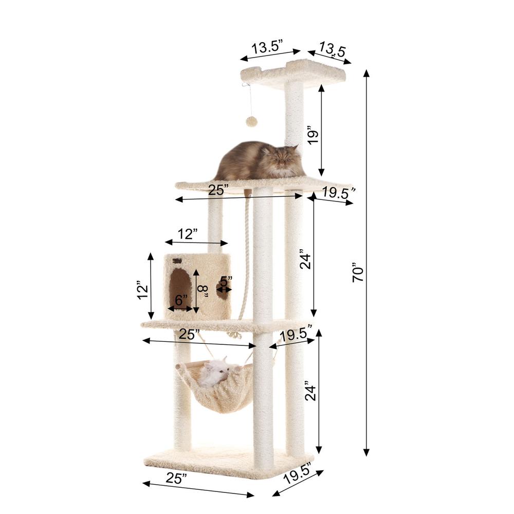 70" Real Wood Cat Furniture,Ultra Thick Faux Fur Covered Cat Condo House, Beige