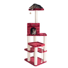 Real Wood Cat Tower, Ultra Thick Faux Fur Covered Cat Condo House, Burgundy