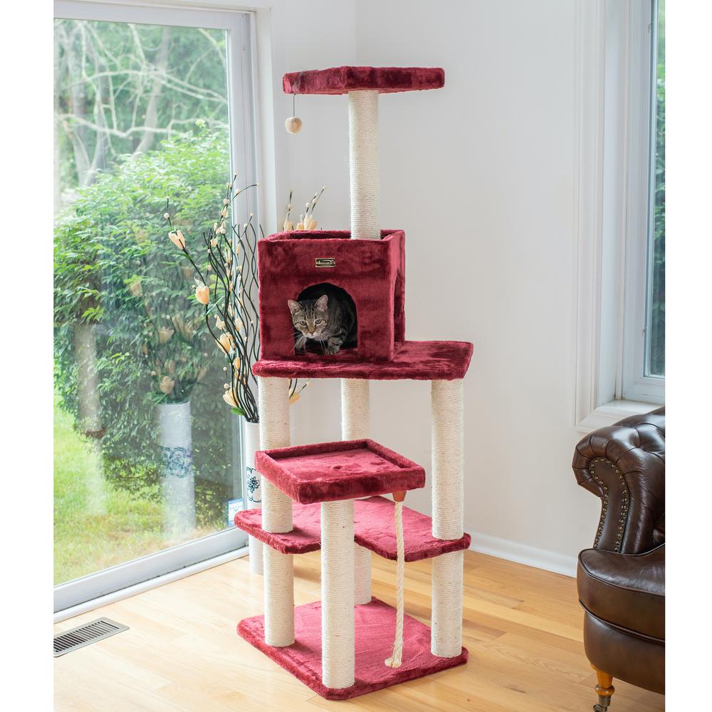 Real Wood Cat Tower, Ultra Thick Faux Fur Covered Cat Condo House, Burgundy