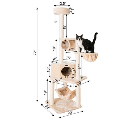 72" H Pet Real Wood Cat Tower, Tower Entertainment Furniture, Basket, Perch