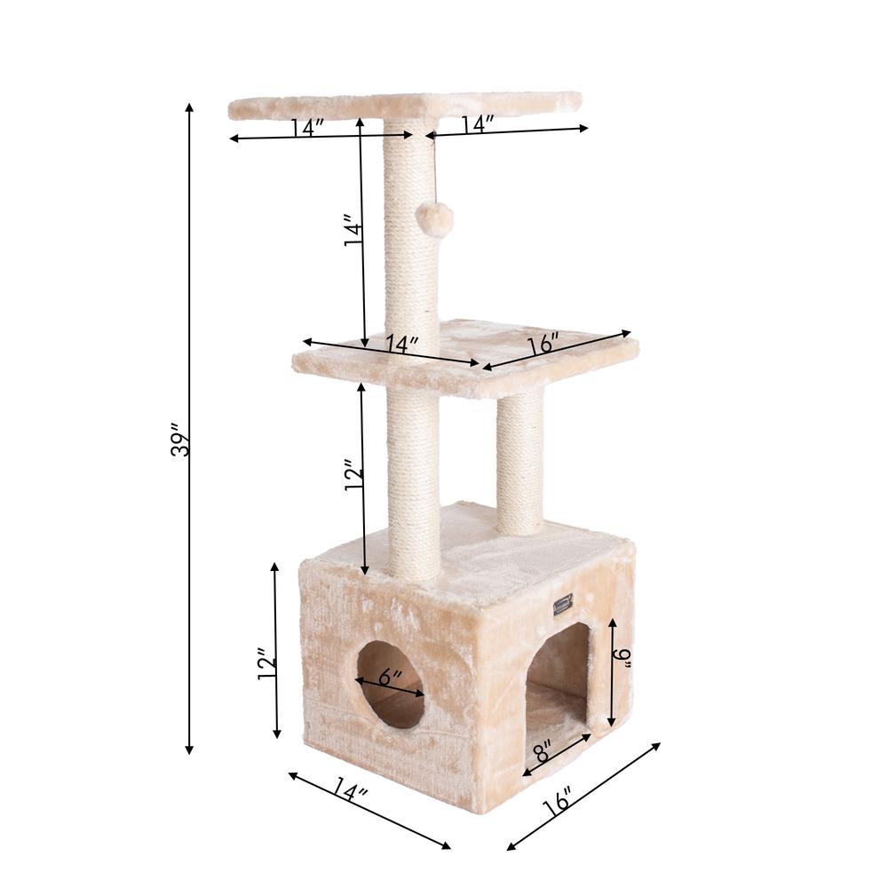 3-Tier Real Wood Cat Condo With Sisal Scratching Post 39 Height Beige