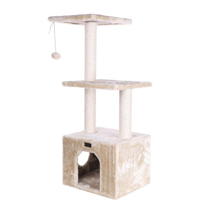 3-Tier Real Wood Cat Condo With Sisal Scratching Post 39 Height Beige