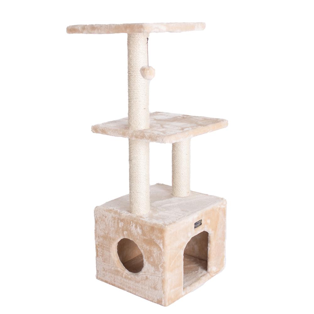 3-Tier Real Wood Cat Condo With Sisal Scratching Post 39 Height Beige