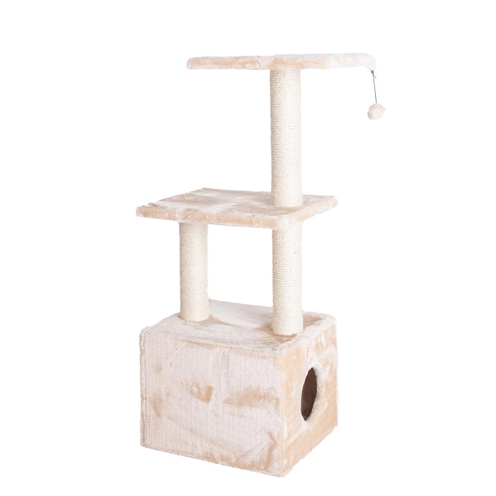 3-Tier Real Wood Cat Condo With Sisal Scratching Post 39 Height Beige