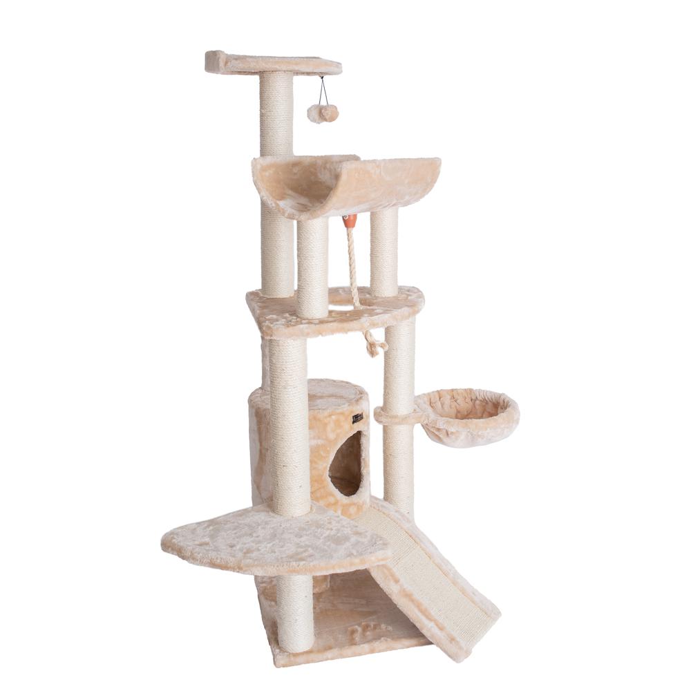 Spacious Thick Fur Real Wood Cat Tower With Basket Lounge, Ramp, Beige