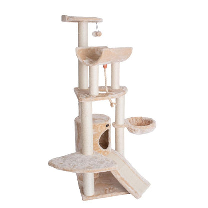 Spacious Thick Fur Real Wood Cat Tower With Basket Lounge, Ramp, Beige