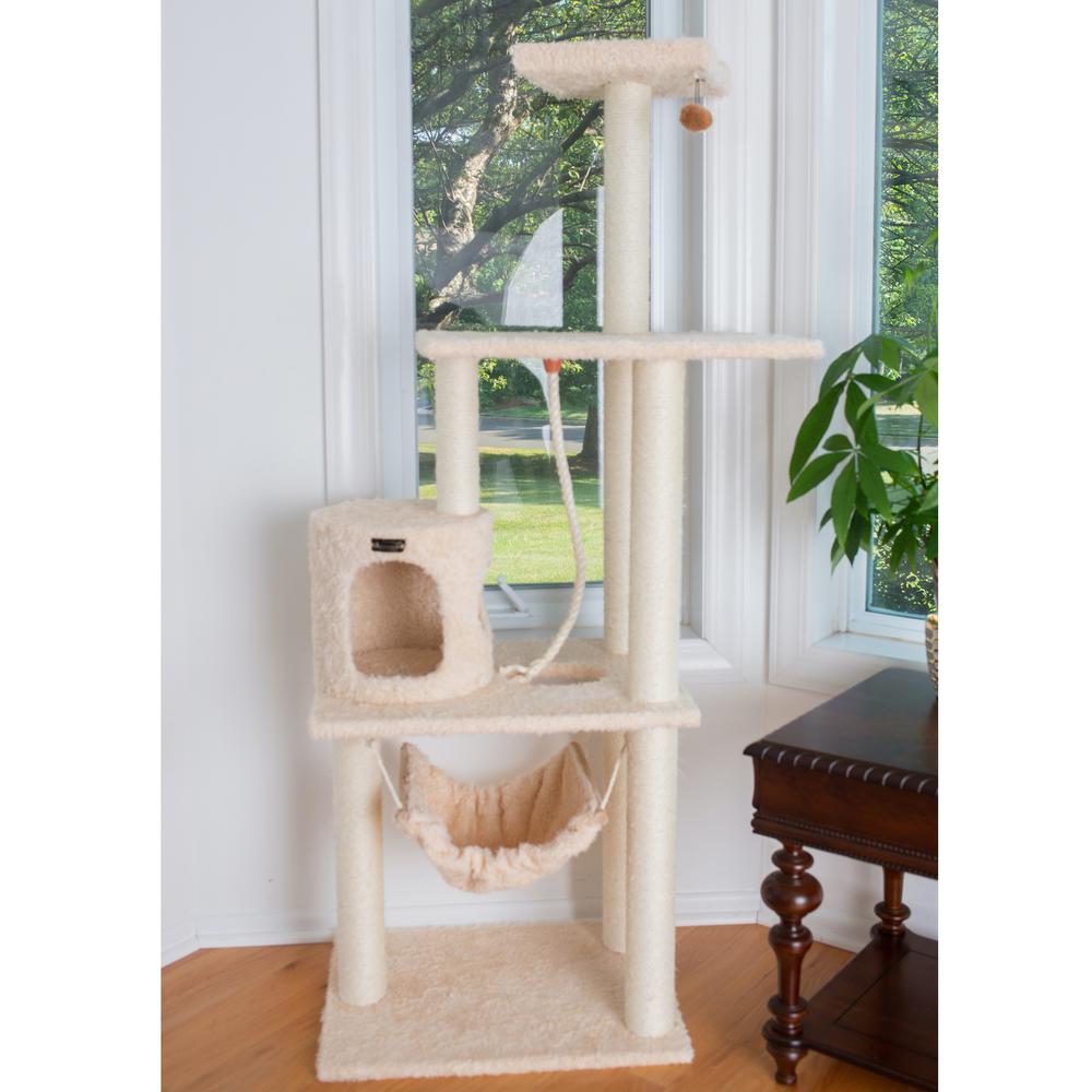 70" Real Wood Cat Furniture,Ultra Thick Faux Fur Covered Cat Condo House, Beige