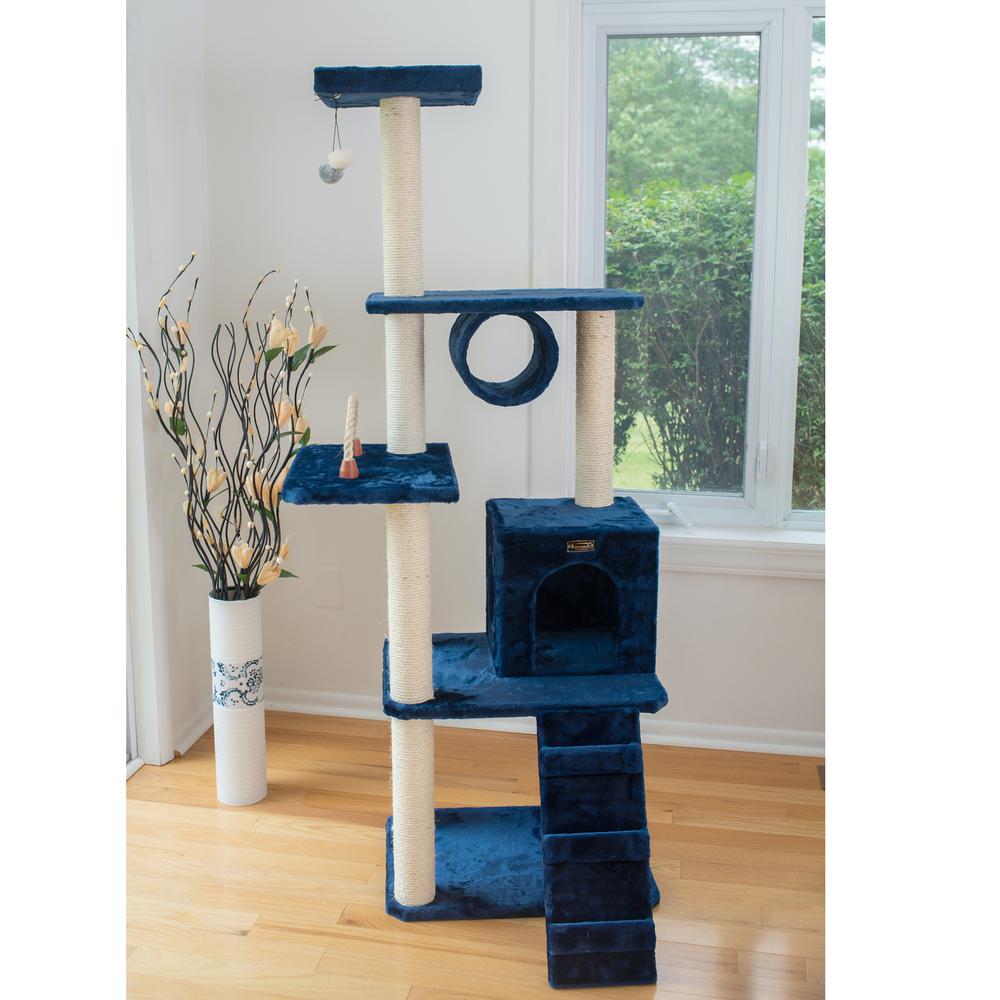 71" Navy Real Wood Cat Climbing Tower, Cat Scratching Furniture