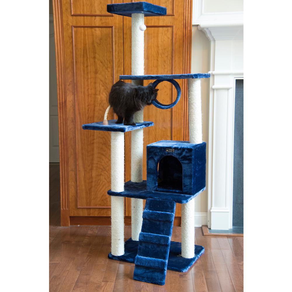71" Navy Real Wood Cat Climbing Tower, Cat Scratching Furniture