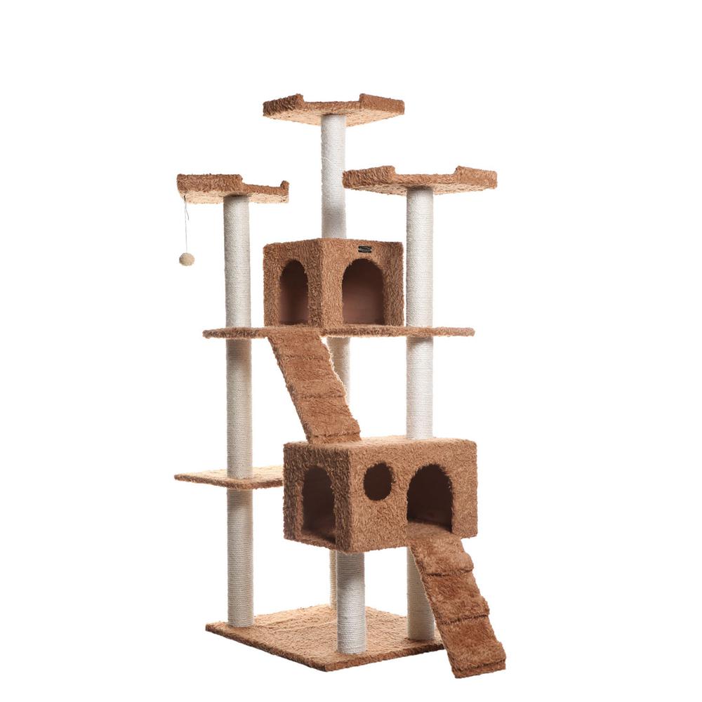 74" Multi-Level Real Wood Cat Tree Large With Sratchhing Posts,Ochre Brown