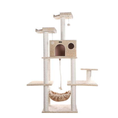 72" Beige Real Wood Cat Tree With Spacious Condo, Sratching Post