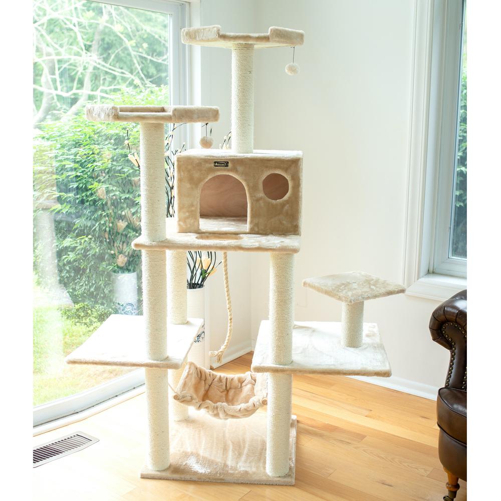 72" Beige Real Wood Cat Tree With Spacious Condo, Sratching Post
